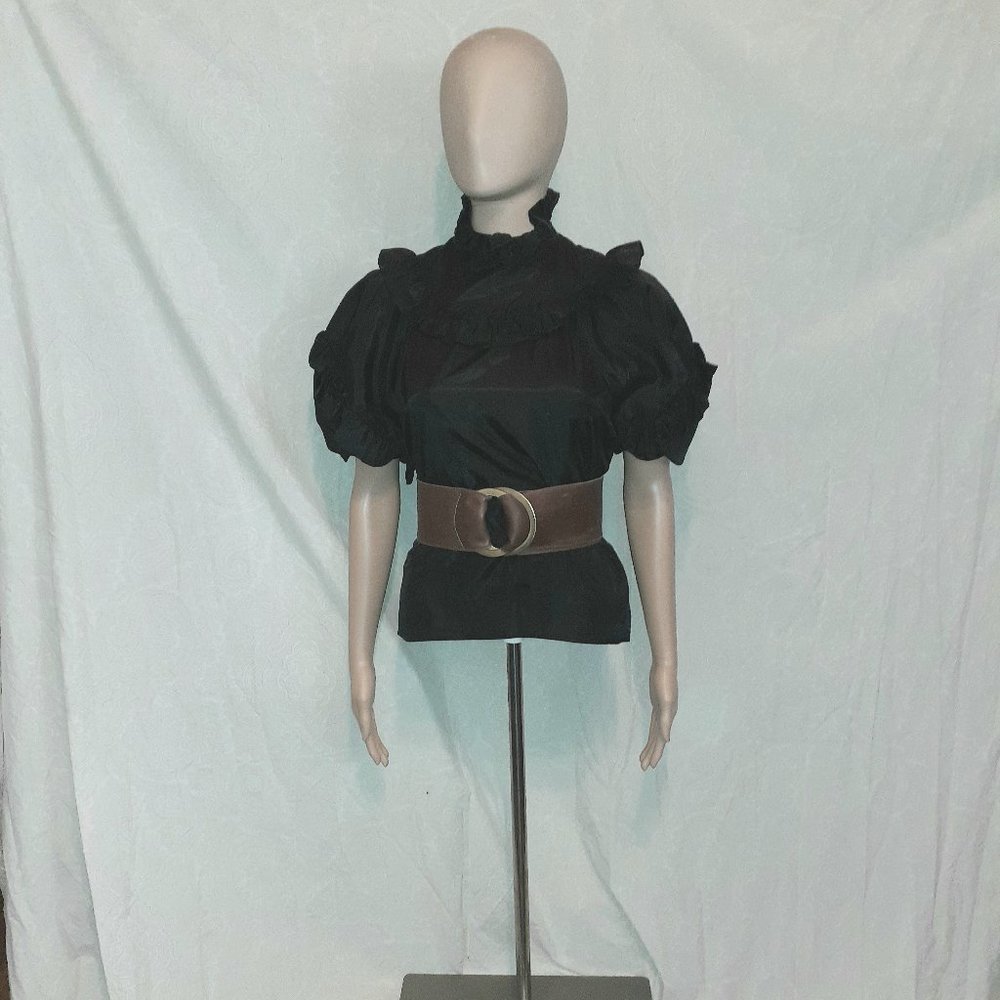 black taffeta puff sleeved high collar top